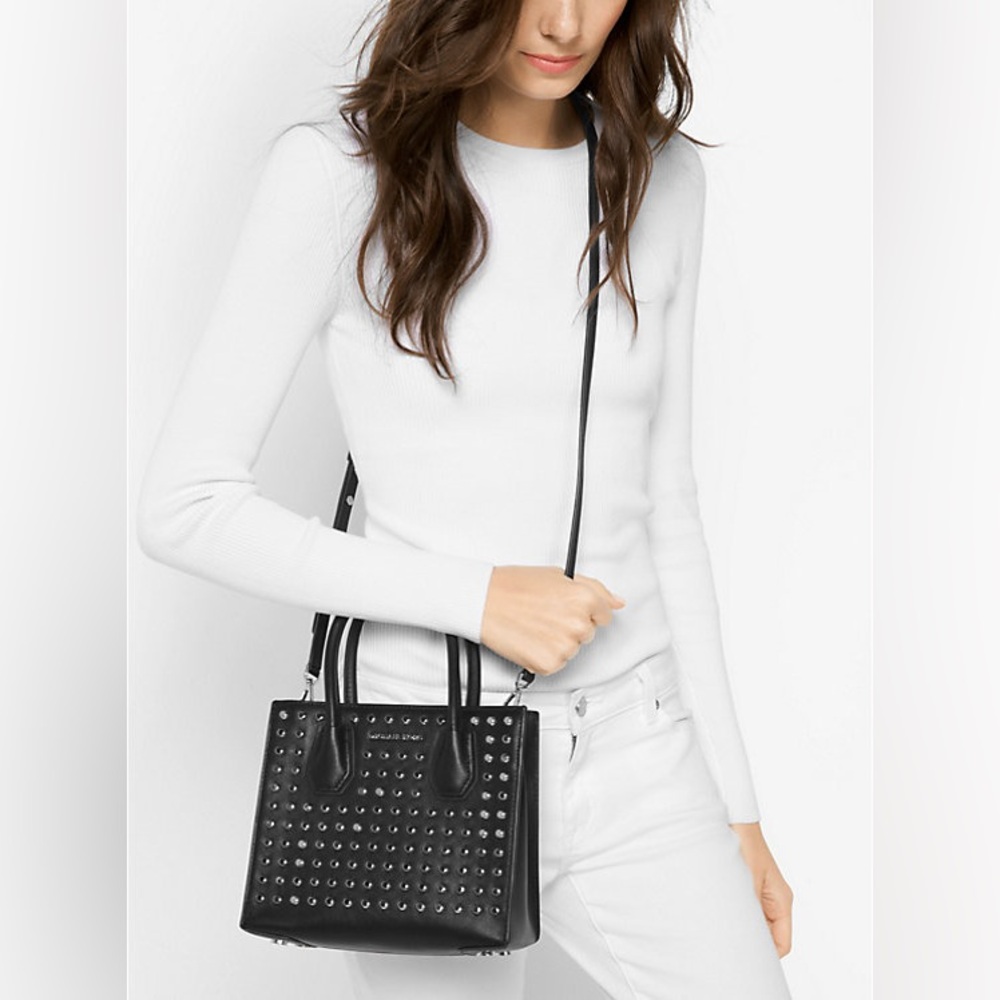 Michael Michael Kors Mercer Studded Leather Crossbody Purse Black and Silver